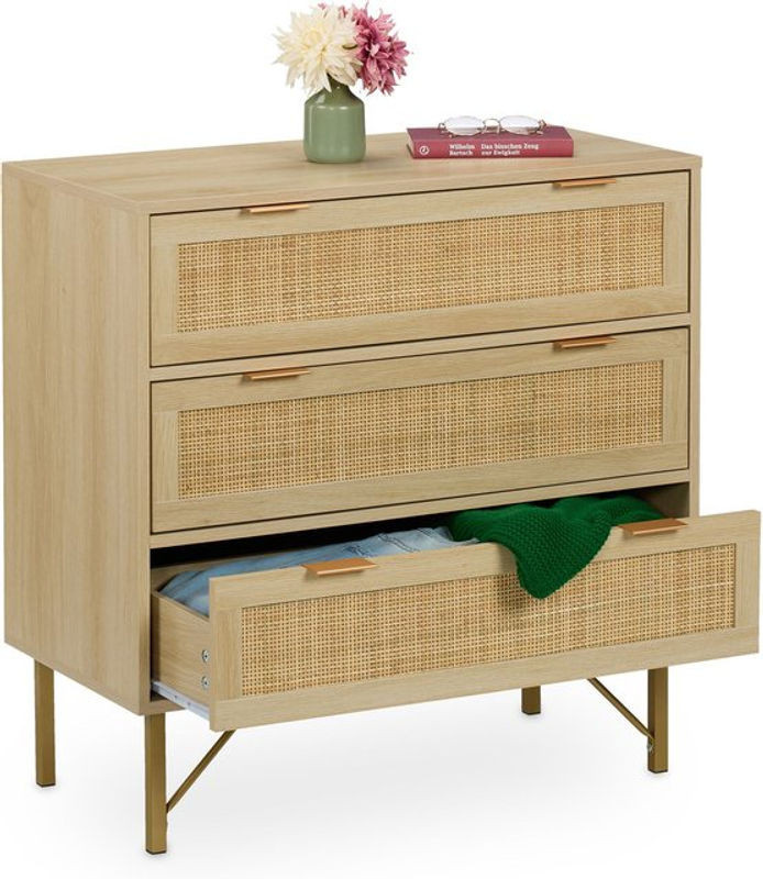 Relaxdays Wäschekommode mit 3 Schubladen in Rattan- und Holzoptik, Natur/Gold, B: 80 cm, H: 80 cm, T: 42 cm - Bild 1