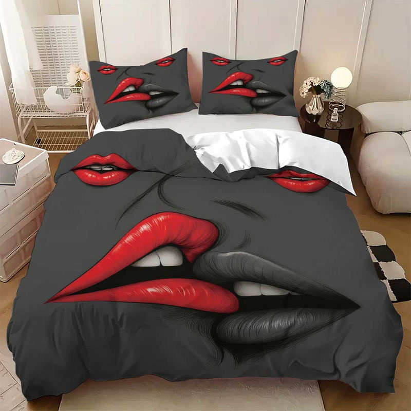 3-teiliges Bettwäscheset JMG Household Supplies mit Lippenmuster in Schwarz, bestehend aus 1 Bettbezug und 2 Kissenbezügen aus Mikrofaser, Breite: 135 cm, Länge: 200 cm - Bild 3