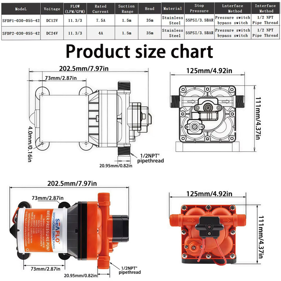 Selbstansaugende vierkammerige Membranpumpe von xmshxltd als Druckerhöhungspumpe für Wohnmobile und Yachten, 11,3 l/min, 55 PSI, 35 m Förderhöhe, DC12 V/DC24 V - Bild 4
