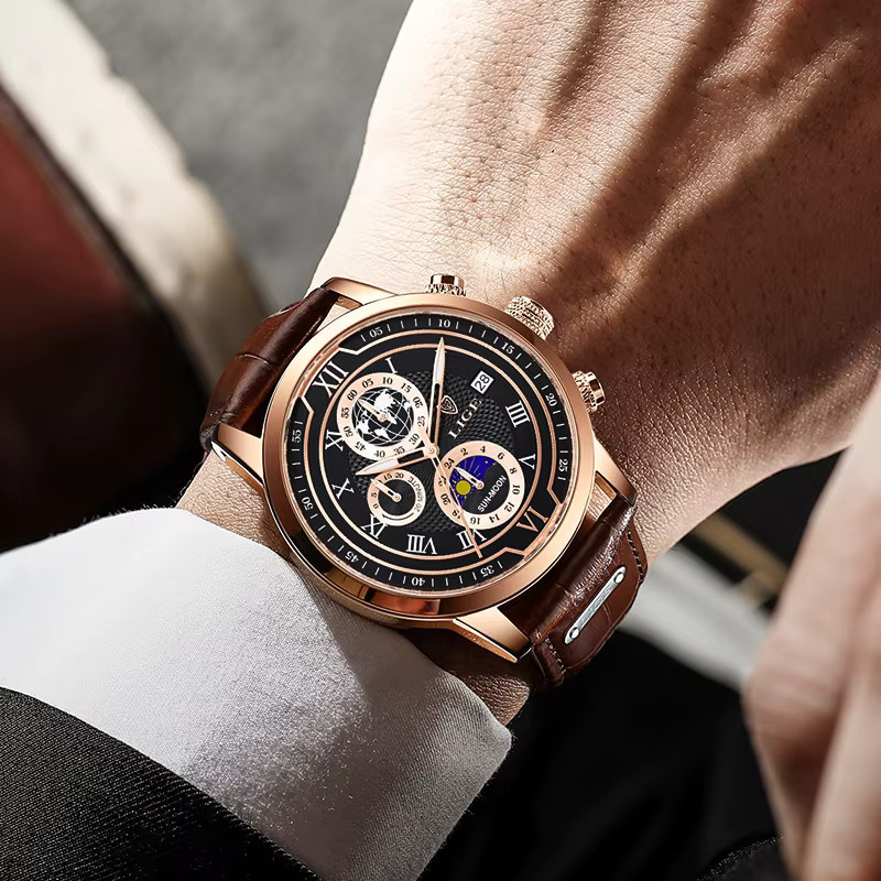 LIGE Armbanduhr Chronograph, Quarz, Leder, Schwarz, Roségold, Herren - Bild 3