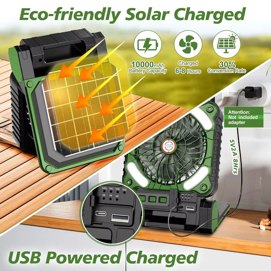 WAAJEA Solar Camping-LED-Laterne mit integriertem Ventilator, 10000mAh Akku, 4 Geschwindigkeiten und 90 Grad Faltung, Schwarz - Bild 5