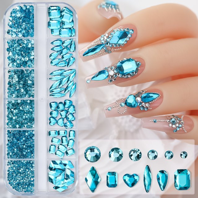 HotPress Nagelschmuck, Seeblau, Glänzend, 3D-Mischform, Kristall-Nagel-Strassstein - Bild 1