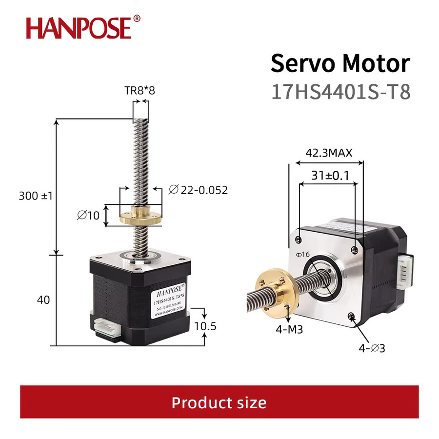 HANPOSE Nema17 17HS4401S-T8 Schrittmotor mit T8-Gewindespindel für 3D-Drucker, Schwarz - Bild 2