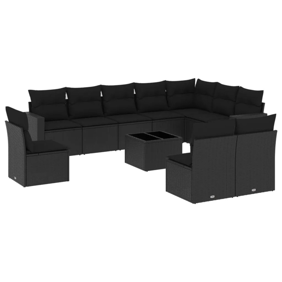 vidaXL 11-tlg Garten-Sofagarnitur aus Poly-Rattan mit Kissen und Glastisch in Schwarz - Bild 2