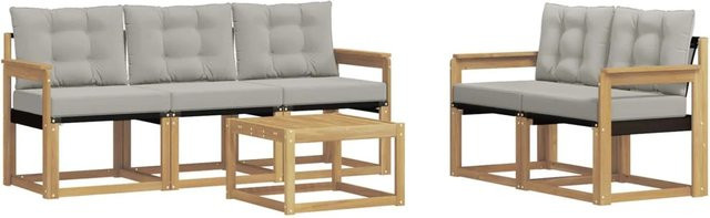 vidaXL Outdoor-Sofagarnitur 6-teilig aus Akazienholz mit Textilene und Kissen in Weiß-Hellgrau - Bild 1