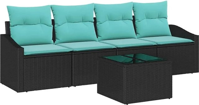 vidaXL Sofa Set aus Poly Rattan mit Kissen in Schwarz und Türkis, 5-teilig mit Tisch und Armlehnen - Bild 1
