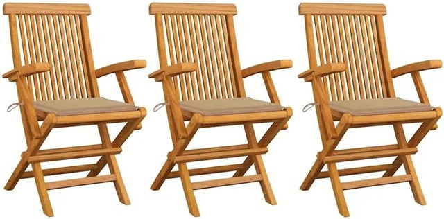 vidaXL Gartenstuhl-Set aus Teak-Massivholz mit beigen Kissen, 3 Stück, Braun - Bild 1