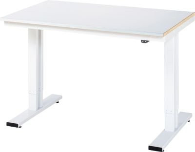 Rau Werktisch Adlatus elektrisch höhenverstellbar mit Linoleumbelag und Spanplatte, hellgrau/lichtgrau, B: 125 cm, T: 80 cm, H: 72-112 cm - Bild 1
