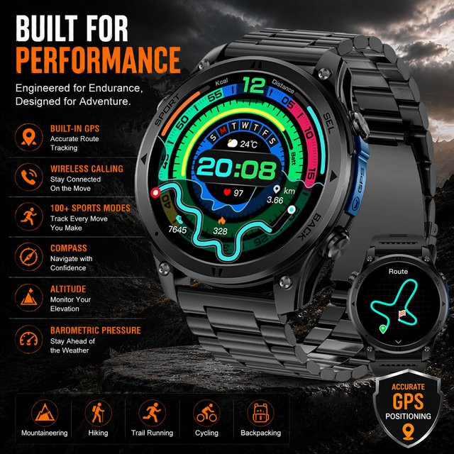 Rollstimi T-Rex3 Pro Herren-Smartwatch in Schwarz und Blau mit GPS-Pfadverfolgung, 530mAh Akku und IP68 wasserdichtem Sport-Fitness-Tracker inklusive Outdoor-Kompass - Bild 1