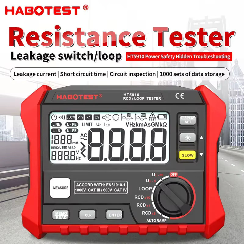 Cretrust Digital-Widerstandsmessgerät HT5910 HT2302 RCD/Loop-Tester mit 4,7-Zoll LCD-Display und 1000 Datenspeicher, Farbe: Rot - Bild 2