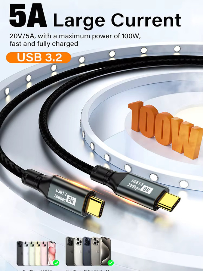 Nephy USB-C zu USB-C Kabel 5A PD100W USB 3.2 20Gbps für iPhone 15 16 17 Pro Max MacBook und Samsung in Schwarz oder Grau - Bild 7