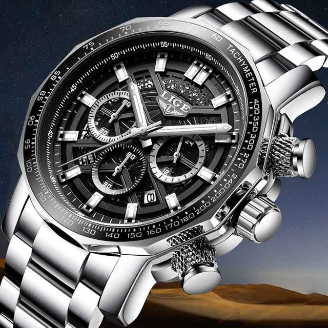 LIGE Chronograph, Edelstahl, Quarz, Herren, Schwarz, Silber - Bild 1