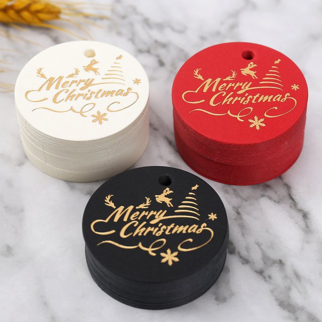 100 Stück Runde Frohe Weihnachten Geschenkkarten aus Papier in Gold und Schwarz - Bild 1