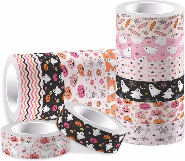 12 Rollen Washi-Tape mit Halloween-Motiven wie Kürbis, Geist und Spinnweben in Multicolour für Scrapbooking und Tagebuchgestaltung - Bild 1