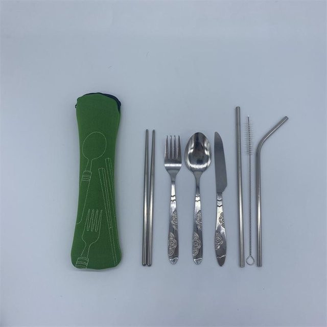 LChome 7-teiliges Reisebesteck-Set aus Edelstahl mit Tasche, grün, poliert - Bild 1