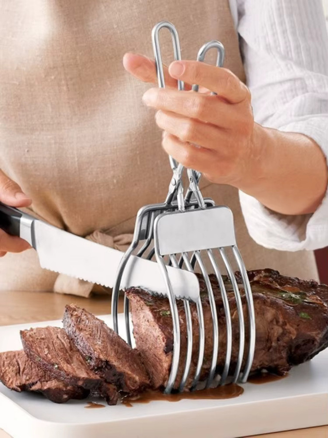 Edelstahl Küchenzange in Silber zum Schneiden und Halten von Fleisch, Gemüse und Obst - Bild 3