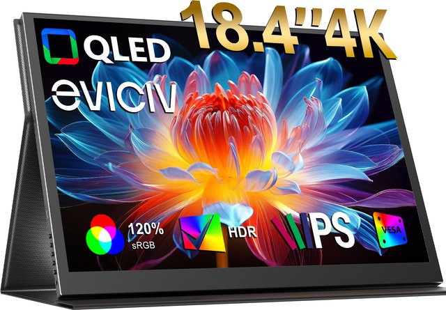 EVICIV 18,4 Zoll Tragbarer 4K QLED Monitor in Schwarz mit USB-C und HDMI für Laptop, PC, Smartphone und Konsolen - Bild 1