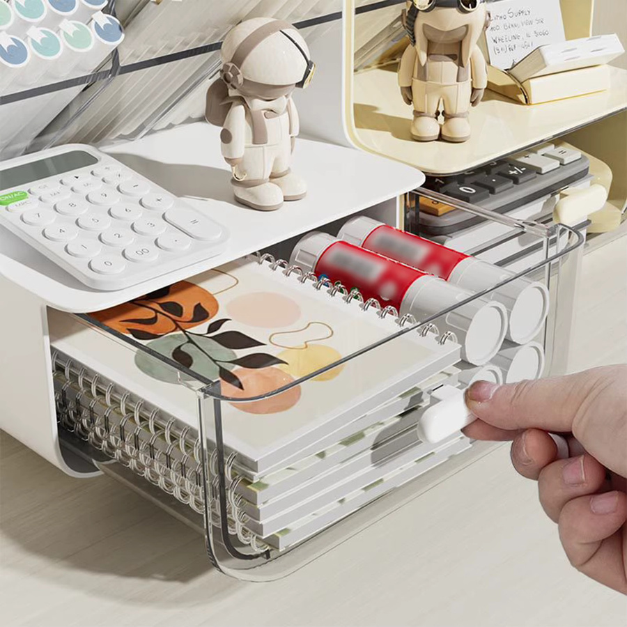 Durchsichtiger Stifthalter aus Kunststoff in Beige mit mehreren Fächern als platzsparender Desktop-Organizer für Büro und Schule - Bild 2