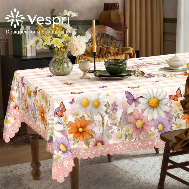 Vespri Tischdecke für Ostern und Frühling in Rosa Weiß mit Blumen und Schmetterlingen, kariertes Design aus Polyester, Rund, Durchmesser: 152,4 cm - Bild 1