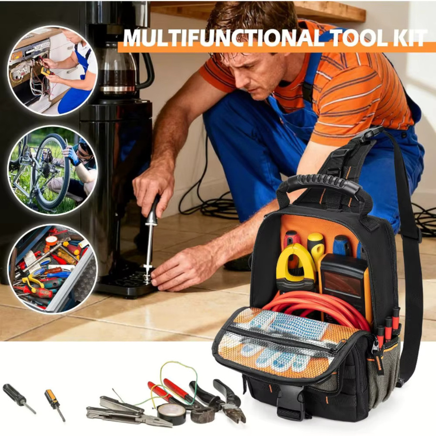 Elektriker-Werkzeugtasche Organizer in Schwarz mit ergonomischem Griff und Schultergurt, B/T/H: 30,0 x 19,0 x 13,0 cm - Bild 6
