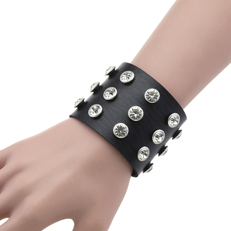 YIRAN Armband, Leder, Kristall, Schwarz, Unisex, Punk - Bild 2