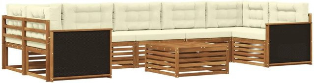 vidaXL Outdoor-Sofagarnitur aus massivem Akazienholz in L-Form, 8-teiliges Set in Natur und Creme mit UV-beständigen Polstern - Bild 1