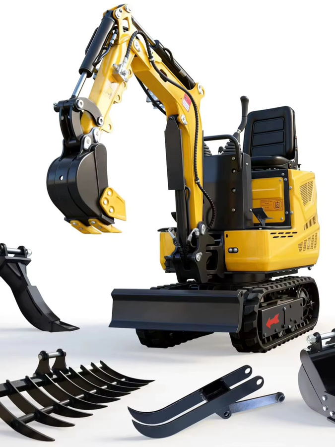 MMS 5-in-1 Mini-Bagger mit Benzinmotor, 0,6 Tonnen, 9,25 PS, Schwenkausleger und Grabenfräse inklusive Anbaugeräten, Farbe: Gelb - Bild 9