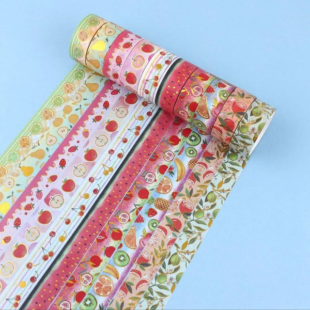 Set mit 10 Rollen Washi-Tapes mit Frucht-Goldfolienmuster in Multicolour für deine DIY Geschenkverpackung und Tagebuch-Dekoration - Bild 1