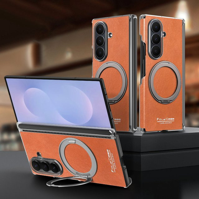 Retro Leder Handyhülle für Samsung Galaxy Z Fold 7 6 5 mit 360 Grad drehbarem Ringhalter und magnetischer kabelloser Ladefunktion in Schwarz - Bild 1