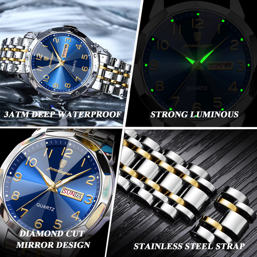 POEDAGAR Armbanduhr Quarz, Edelstahl, Blau, Herren - Bild 3
