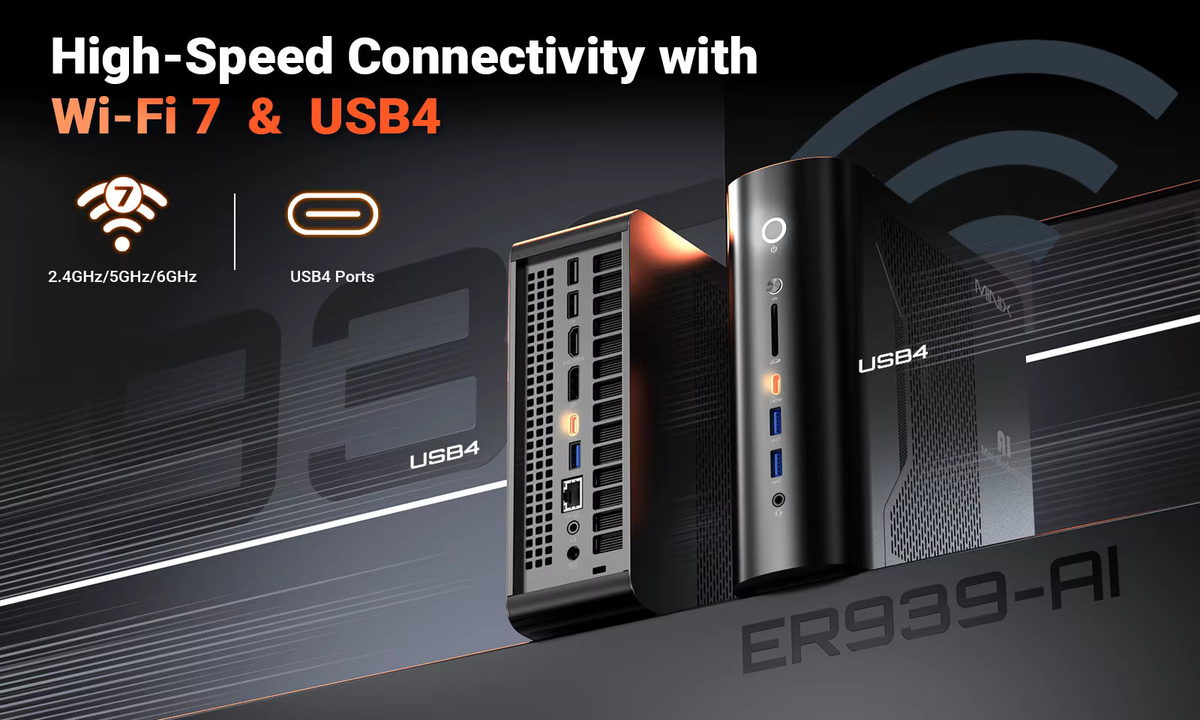 MINIX ER939-AI PRO Gaming Mini-PC in Schwarz mit AMD Ryzen AI Max+ 395, Radeon 8060S Grafik, 128GB LPDDR5, 2TB SSD, Wi-Fi 7 und USB4-Unterstützung - Bild 3