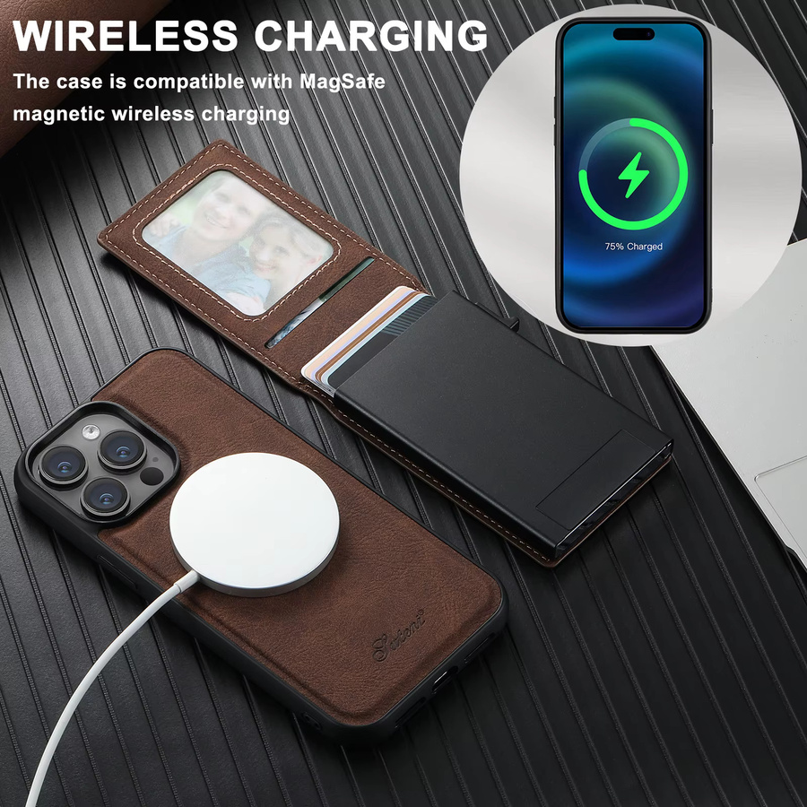 SUTENI Leder Brieftasche mit Magnetverschluss und Kartenhalter als Handyhülle für iPhone 12, 13, 14, 15 Plus und 16 Pro Max in Schwarz oder Braun - Bild 3