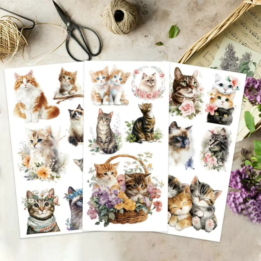 3er-Set Transferaufkleber mit Kätzchen und Blumen Motiven in Mehrfarbig inklusive Schaber zur Dekoration von Fenstern und Scrapbooks - Bild 2