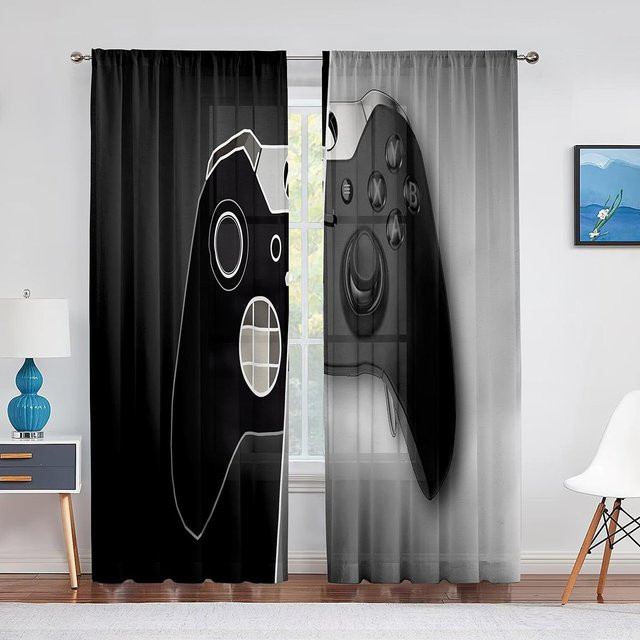 Binchi Outdoor Equipment Tüllvorhang mit Gamer-Motiv für Kinder, transparenter Voile-Vorhang mit Gaming-Controller-Design, Breite: 100 cm, Höhe: 250 cm - Bild 1
