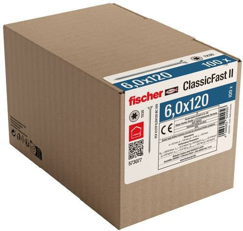 Fischer ClassicFast II Spanplattenschraube mit Senkkopf und Torx-Antrieb, verzinkt, Farbe: Silber/Blau, Durchmesser: 6,0 mm, Länge: 120 mm, 100 Stück - Bild 2