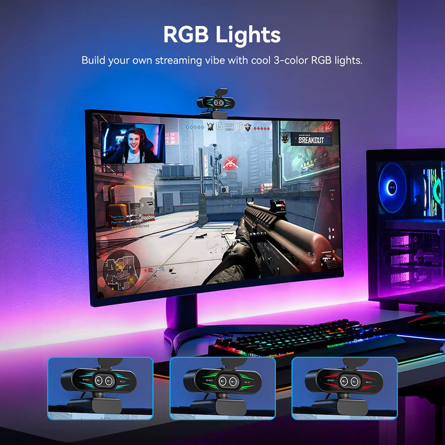 EMEET C60E 4K Webcam mit RGB-Licht und 1080P 60fps für Streaming und Gaming, Schwarz - Bild 5