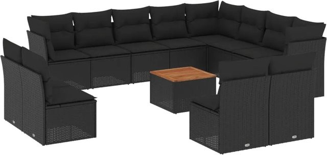 vidaXL 13-tlg. Garten-Sofagarnitur in U-Form aus schwarzem PE-Rattan mit Kissen und Akazienholz-Tisch - Bild 1