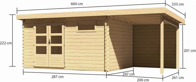 Gartenhaus Holz BASTRUP 8 Blockbohlenhaus in Naturbelassen mit Anbaudach und Rückwand, B/T/H: 387 x 297 cm, 28 mm Wandstärke - Bild 1