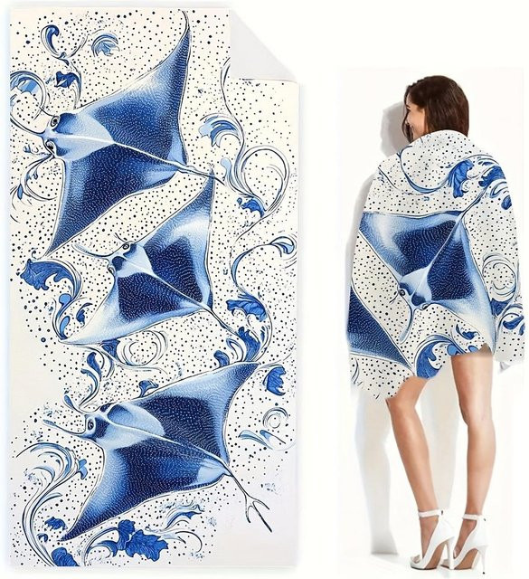 JMG Household Supplies Strandtuch mit Mantarochen und Ozeanwellen-Design, blau, Mikrofaser, schnelltrocknend, B/H: 100 x 200 cm - Bild 1