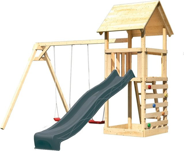 Karibu Spielturm Lotti aus Massivholz mit Rutsche, Doppelschaukel und Kletterwand in Natur-Anthrazit - Bild 1