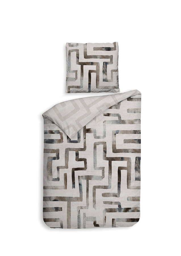 Heckett & Lane Mako-Satin Bettwäsche Labyrinth in Silber, Braun und Beige mit grafischem Design, B/H: 155 x 220 cm und Kissenbezug 80 x 80 cm - Bild 1