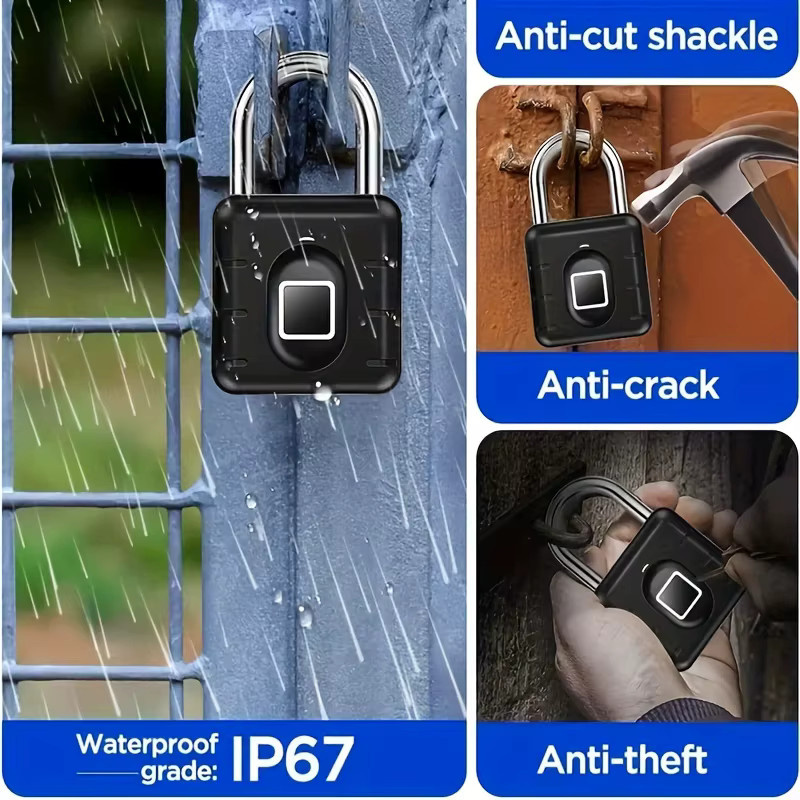 KERUI Fingerabdruck-Vorhängeschloss Schwarz, wasserdichtes und wiederaufladbares USB-Sicherheits-Vorhängeschloss für den Außenbereich - Bild 3