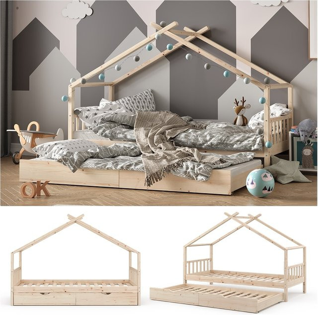 VITALISPA Kinderbett Design Hausbett aus Massivholz in Natur mit Schublade und Lattenrost, B/T/H: 90 x 200 cm - Bild 1