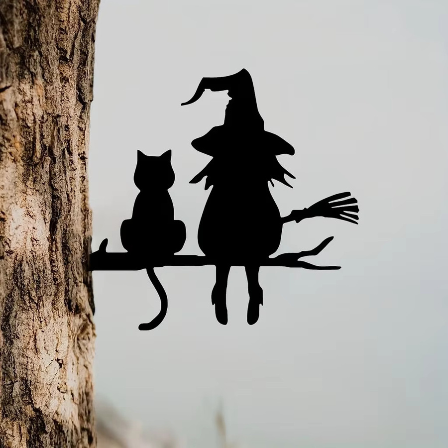 CIFBUY Gartenstecker Eisensilhouette Hexe und Katze in Schwarz als Kunstdekoration für Garten und Hof - Bild 2