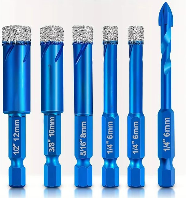 YUKU Trockenbohrkronen-Set mit Spiralnut und Sechskantschaft, 6-teilig, Blau, für Keramikfliesen, Granit und Marmor - Bild 1