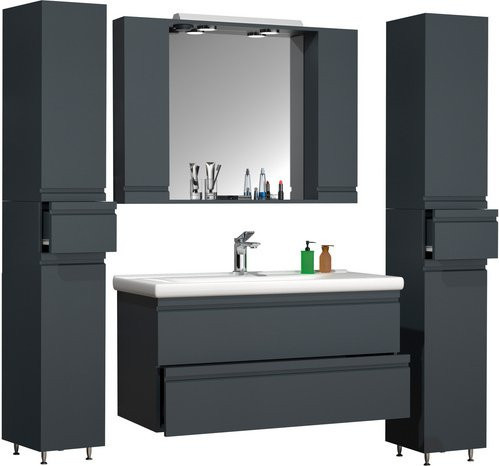 VCM Badmöbel Set Silora XL, 5-tlg. Waschplatz-Set in Anthrazit-Grau matt mit Keramik-Waschbecken, Spiegelschrank und Hochschrank, Breite: 100 cm - Bild 1