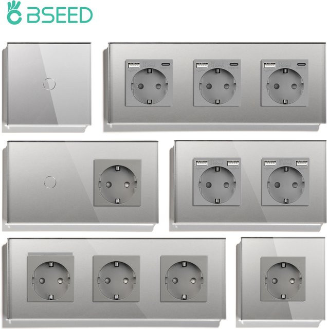 BSEED Touch-Schalter mit EU-Stromsteckdose und grauer LED-Wandleuchte aus Kristallglas mit dunkelblauer Hintergrundbeleuchtung - Bild 1