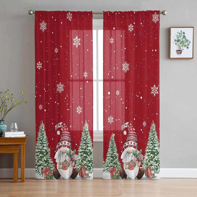 Transparente Weihnachtswichtel Vorhänge aus Tüll in Rot und Braun für deine Weihnachtsdekoration, Breite: 135 cm, Höhe: 115 cm - Bild 1