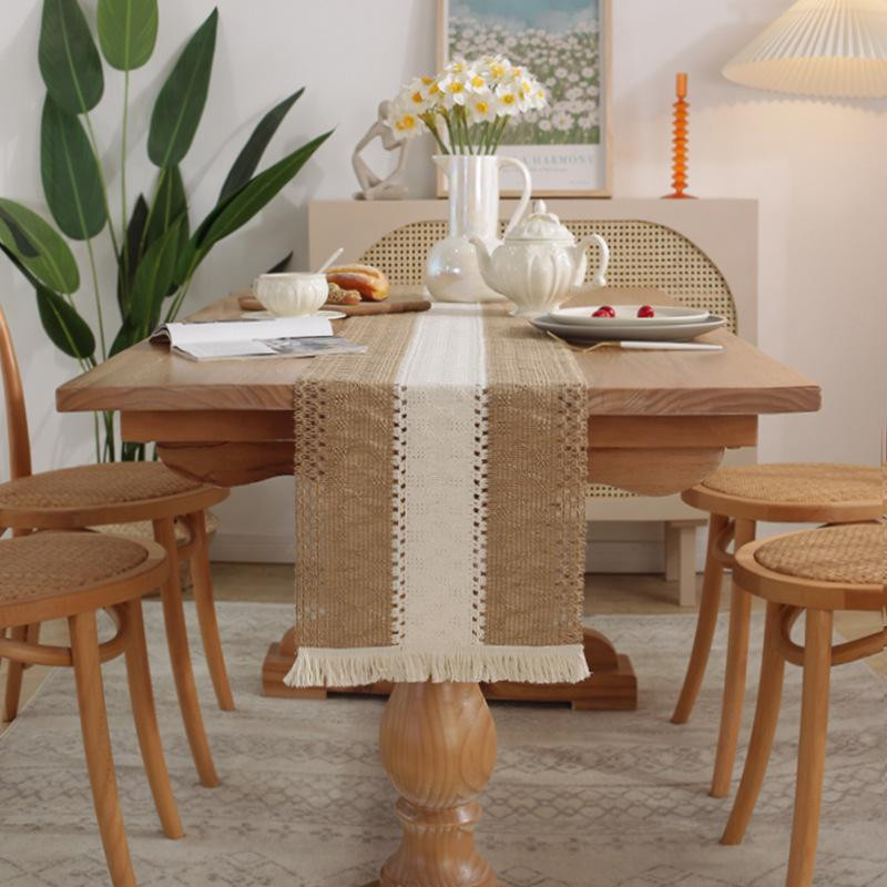Yiran Furniture Tischläufer aus Baumwolle und Leinen in Beige mit Streifen und Quasten, B/H: 30 x 120 cm - Bild 2