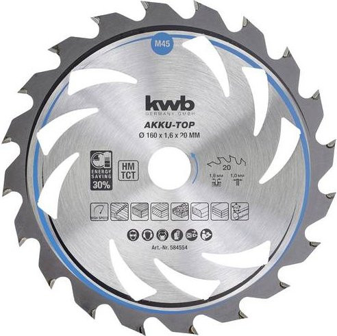 Kwb Hartmetall Kreissägeblatt für Holz und Kunststoff, Farbe: Silber, Durchmesser: 160 mm, Bohrung: 20 mm, Schnittdicke: 1,0 mm, 20 Zähne - Bild 1
